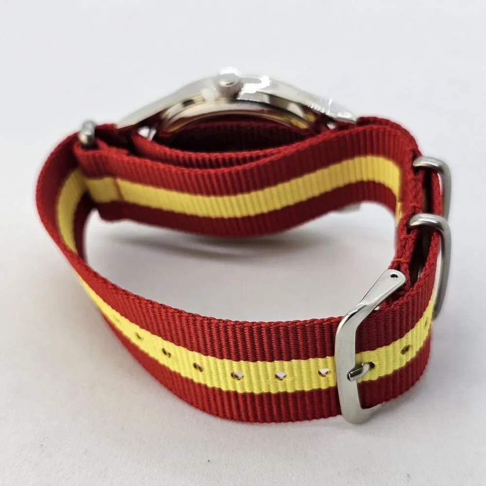 Men's 42MM Field Watch Black Dial Gray‎ Case Red Yellow Canvas Band Strap